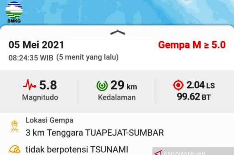 BMKG: Gempa dengan Magnitudo 5,8 di Mentawai Tak Berpotensi Tsunami