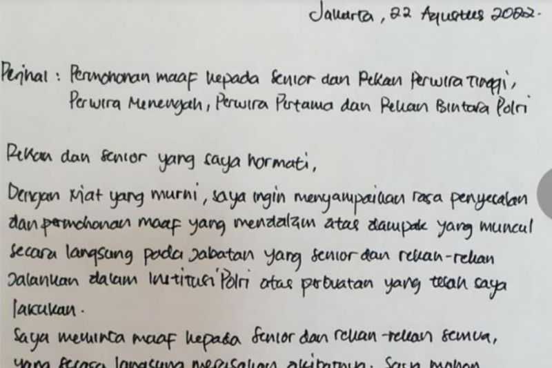 Ferdy Sambo Tulis Surat Minta Maaf Kepada Sejawat Polri di Atas Materai