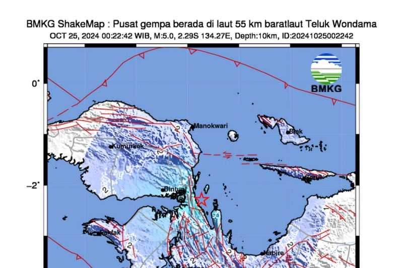 Gempa dengan Magnitudo 5,0 Guncang Teluk Wondama