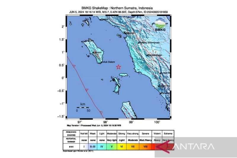 Gempa dengan Magnitudo 5,7 Guncang Nias Selatan