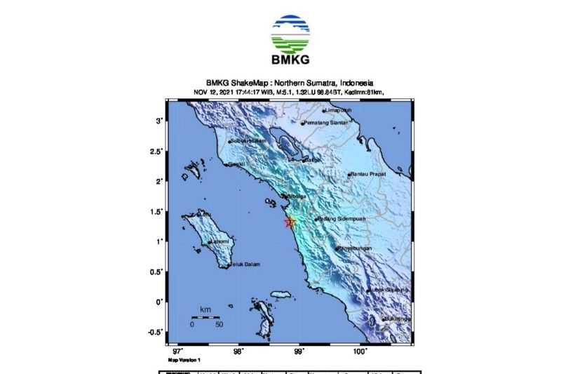 Gempa Magnitudo 5,1 Guncang Tapanuli Selatan Tidak Berpotensi Tsunami