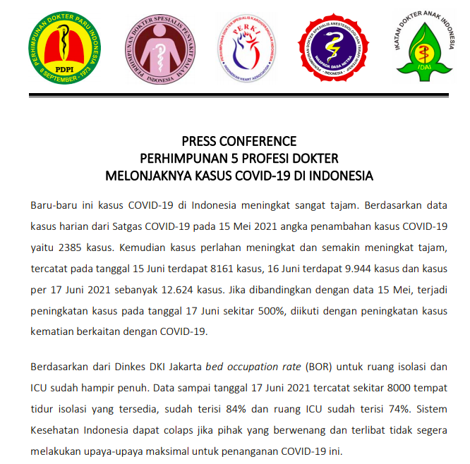 Kasus Covid-19 Melonjak, 5 Perhimpunan Dokter Spesialis Minta Pemerintah Pusat Berlakukan PPMK Secara Serentak di Pulau Jawa