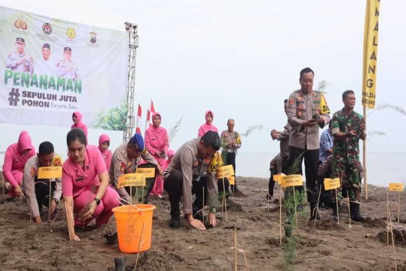 Keren, Polres Pemalang Tanam Ratusan Bibit Cemara di Pantai Widuri