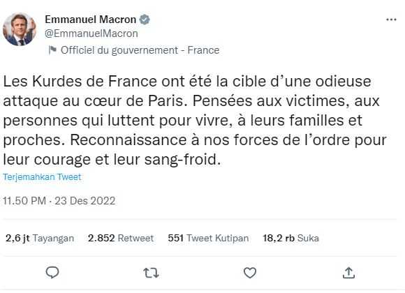 Macron: Komunitas Kurdi Prancis Telah Menjadi Sasaran Serangan Keji