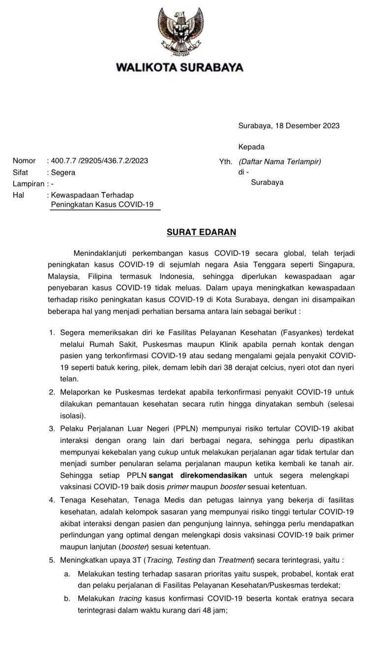 Pemkot Surabaya Terbitkan Surat Edaran Kewaspadaan Peningkatan Kasus Covid-19