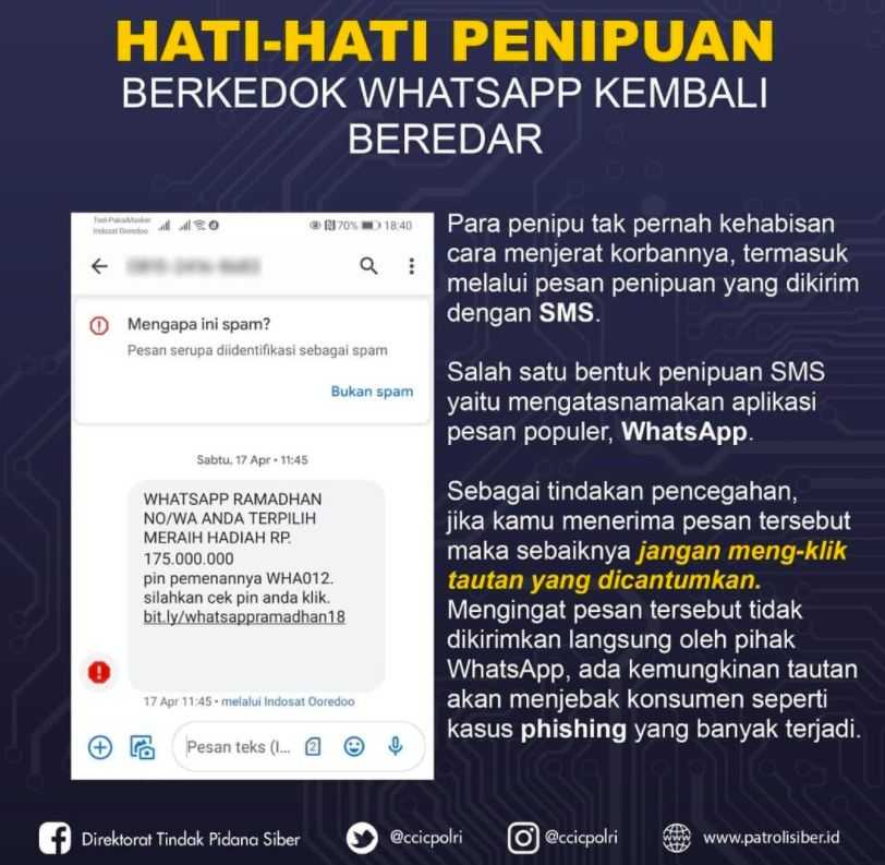 Pernah Terima SMS Atas Nama Aplikasi WhatsApp? Mabes Polri Pastikan itu Penipuan