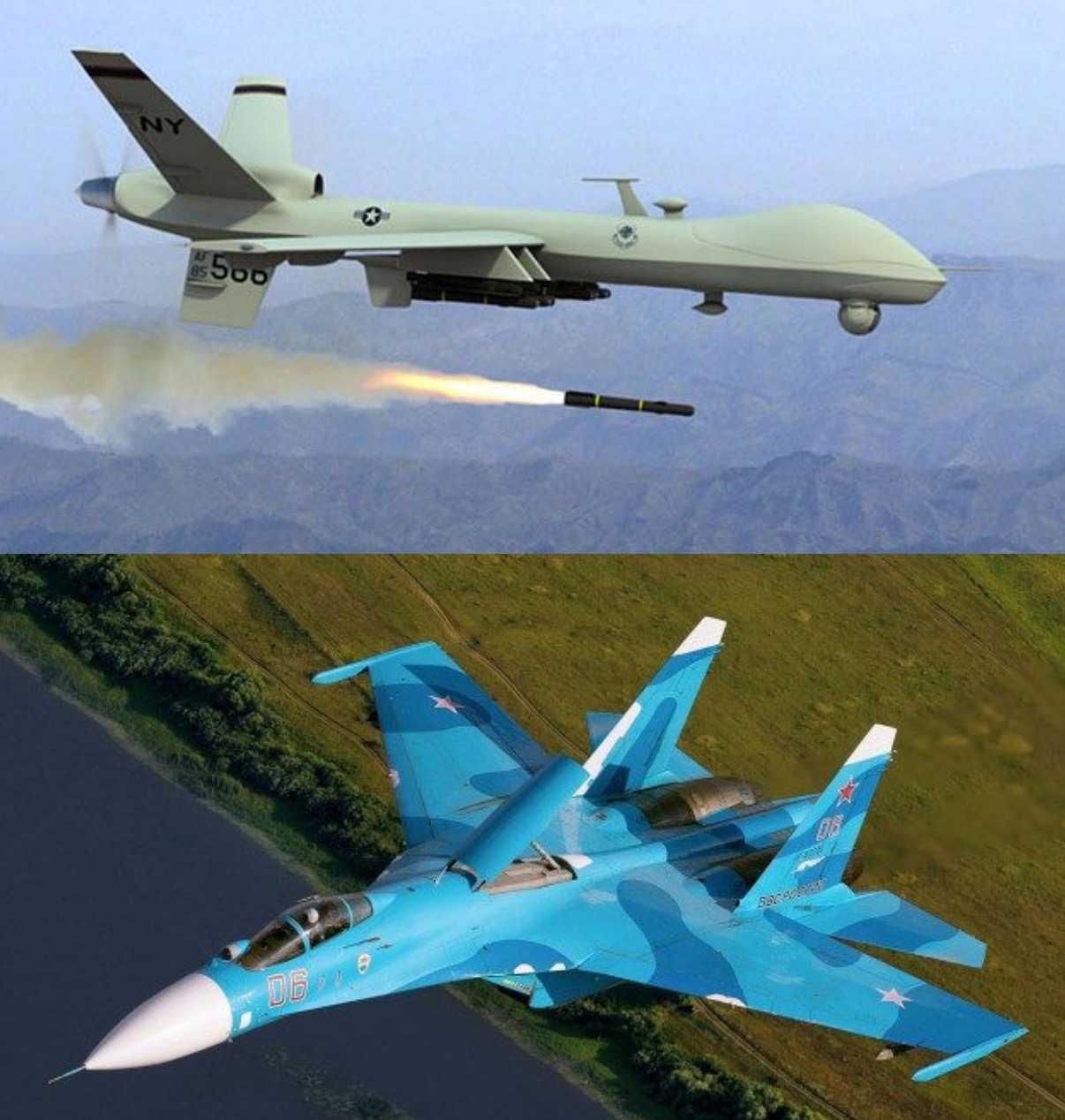 Pesawat Su-27 Rusia Menjatuhkan Drone Tempur AS di atas Laut Hitam