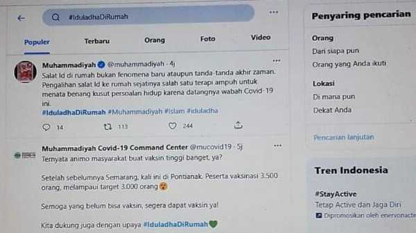 Tagar #IdulAdhadiRumah yang Didukung Muhammadiyah Trending di Twitter