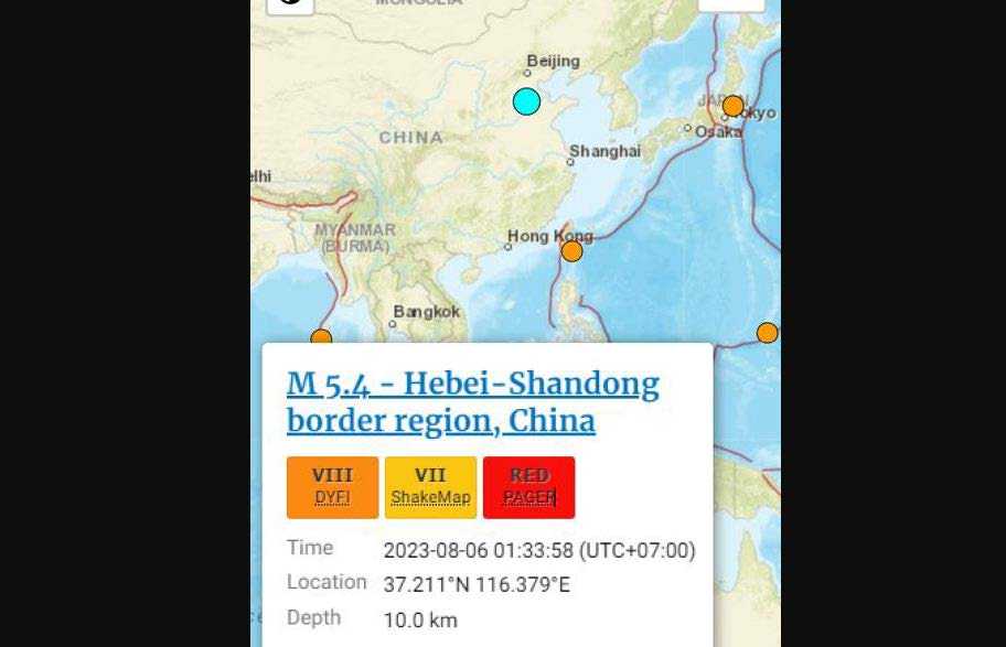 Tiongkok Timur Diguncang Gempa Bumi Berkekuatan 5,4