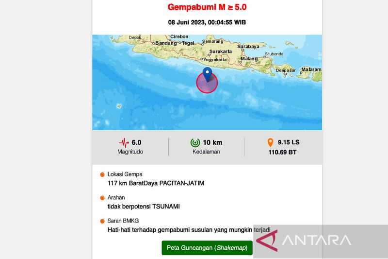 Waduh, Gempa Magnitudo 6,0 Guncang Barat Daya Pacitan Jatim